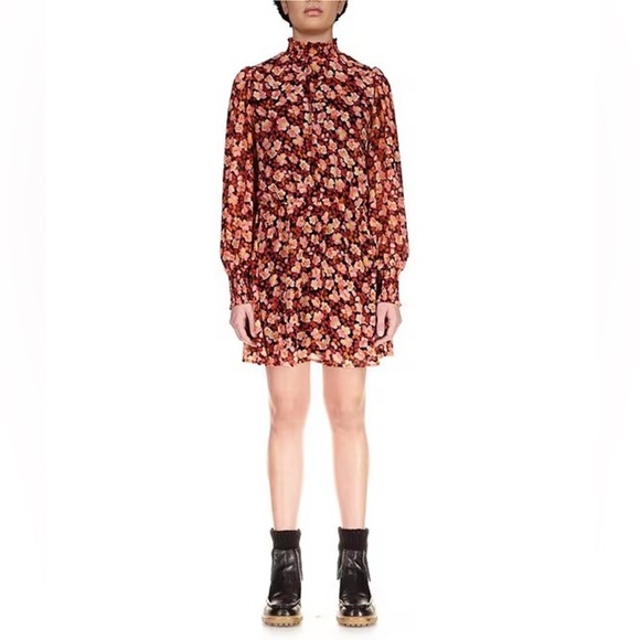 Floral Print Blouson Mock Neck Long Sleeve Mini Dress - Picture 1 of 6